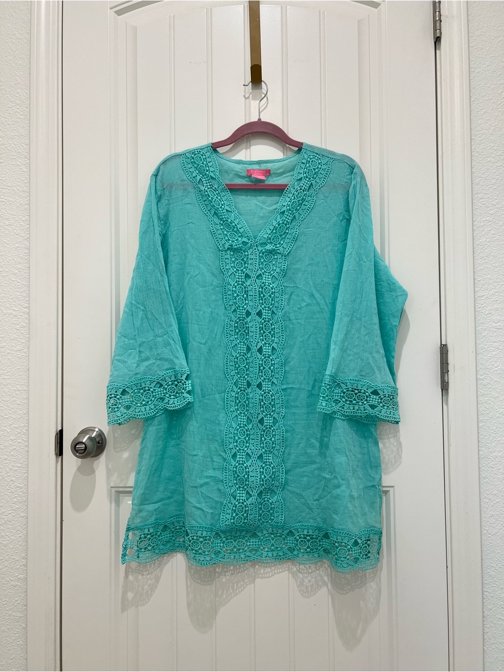 Isaac Mizrahi Turquoise Crochet-Trim Swim Coverup Size L